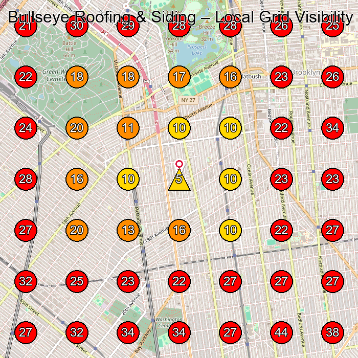 Bullseye Roofing & Siding GeoGrid visibility map for Roofing Contractor in Brooklyn